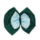School uniform hair accessories Double Bella Bow 10cm - Dark Green Base & Centre Ribbon Light Blue - Pinkberry Kisses Non Slip Hair Clip