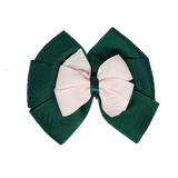 School uniform hair accessories Double Bella Bow 10cm - Dark Green Base & Centre Ribbon Light Pink - Pinkberry Kisses Non Slip Hair Clip