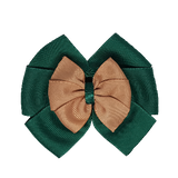 School uniform hair accessories Double Bella Bow 10cm - Dark Green Base & Centre Ribbon Natural - Pinkberry Kisses Non Slip Hair Clip