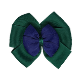 School uniform hair accessories Double Bella Bow 10cm - Dark Green Base & Centre Ribbon Navy Blue - Pinkberry Kisses