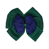 School uniform hair accessories Double Bella Bow 10cm - Dark Green Base & Centre Ribbon Navy Blue - Pinkberry Kisses Non Slip Hair Clip
