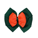 School uniform hair accessories Double Bella Bow 10cm - Dark Green Base & Centre Ribbon Neon Orange - Pinkberry Kisses Non Slip Hair Clip