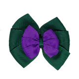 School uniform hair accessories Double Bella Bow 10cm - Dark Green Base & Centre Ribbon Purple - Pinkberry Kisses Non Slip Hair Clip