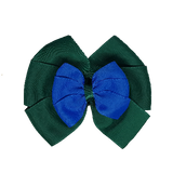 School uniform hair accessories Double Bella Bow 10cm - Dark Green Base & Centre Ribbon Royal Blue - Pinkberry Kisses Non Slip Hair Clip