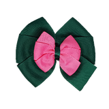 School uniform hair accessories Double Bella Bow 10cm - Dark Green Base & Centre Ribbon Shocking Pink - Pinkberry Kisses