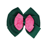 School uniform hair accessories Double Bella Bow 10cm - Dark Green Base & Centre Ribbon Shocking Pink - Pinkberry Kisses Non Slip Hair Clip