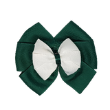School uniform hair accessories Double Bella Bow 10cm - Dark Green Base & Centre Ribbon White - Pinkberry Kisses Non Slip Hair Clip