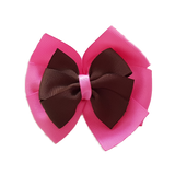 School uniform hair accessories Double Bella Bow 10cm School Non Slip Hair Clip - Pinkberry Kisses Hot Pink Base & Centre Ribbon Brown