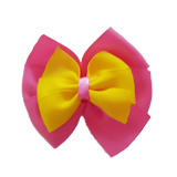 School uniform hair accessories Double Bella Bow 10cm School Non Slip Hair Clip - Pinkberry Kisses Hot Pink Base & Centre Ribbon Daffodil Yellow