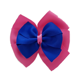 School uniform hair accessories Double Bella Bow 10cm School Non Slip Hair Clip - Pinkberry Kisses Hot Pink Base & Centre Ribbon Electric Blue