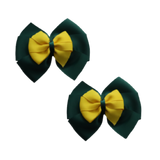 School uniform hair accessories Double Bella Hair Bow 10cm - Dark Green Base & Centre Ribbon Daffodil Yellow Pair Hair Bows  - Pinkberry Kisses