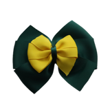 School uniform hair accessories Double Bella Hair Bow 10cm - Dark Green Base & Centre Ribbon Daffodil Yellow - Pinkberry Kisses