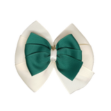 School uniform hair accessories Double Bella Hair Bow 10cm - Ivory Base & Centre Ribbon Dark Green  - Pinkberry Kisses