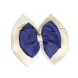 School uniform hair accessories Double Bella Hair Bow 10cm - Ivory Base & Centre Ribbon Navy Blue - Pinkberry Kisses