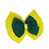 School uniform hair accessories Double Bella Hair Bow 10cm - Lemon Base & Centre Ribbon Dark Green - Pinkberry Kisses