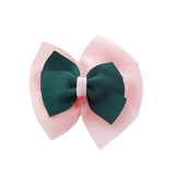 School uniform hair accessories Double Bella Hair Bow 10cm - Light Pink  Base & Centre Ribbon Dark Green - Pinkberry Kisses