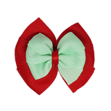 School uniform hair accessories Double Bella Bow 10cm - Red Base & Centre Ribbon Light Green - Pinkberry Kisses