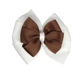School uniform hair accessories Double Bella Hair Bow 10cm - White Base & Centre Ribbon Brown - Pinkberry Kisses