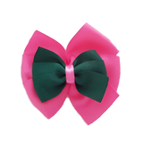 School uniform hair accessories Double Bella Bow 10cm School Non Slip Hair Clip - Pinkberry Kisses Hot Pink Base & Centre Ribbon Hunter Green