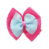 School uniform hair accessories Double Bella Bow 10cm School Non Slip Hair Clip - Pinkberry Kisses Hot Pink Base & Centre Ribbon Light Blue