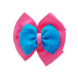 School uniform hair accessories Double Bella Bow 10cm School Non Slip Hair Clip - Pinkberry Kisses Hot Pink Base & Centre Ribbon Methyl Blue