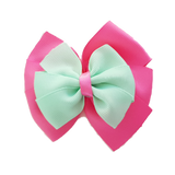 School uniform hair accessories Double Bella Bow 10cm School Non Slip Hair Clip - Pinkberry Kisses Hot Pink Base & Centre Ribbon Mint Green