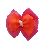 School uniform hair accessories Double Bella Bow 10cm School Non Slip Hair Clip - Pinkberry Kisses Hot Pink Base & Centre Ribbon Neon Orange