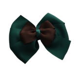 School uniform hair accessories Double Bella Hair Bow 10cm - Dark Green Base & Centre Ribbon Brown - Pinkberry Kisses