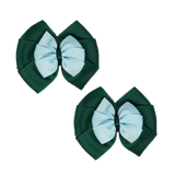School Hair accessories Double Bella Bow 10cm Hair Clip Pair Non Slip Hair Bows Pinkberry Kisses Hunter Green Base & Centre Ribbon Light Blue