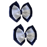 School uniform hair accessories Double Bella Bow 10cm - Navy Blue Base & Centre Ribbon White Hair Bow Pair - Pinkberry Kisses