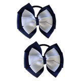 School uniform hair accessories Double Bella Bow 10cm - Navy Blue Base & Centre Ribbon White - Pinkberry Kisses