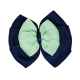 School uniform hair accessories Double Bella Bow 10cm - Navy Blue Base & Centre Ribbon Light Green - Pinkberry Kisses