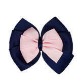 School uniform hair accessories Double Bella Bow 10cm - Navy Blue Base & Centre Ribbon Light Pink - Pinkberry Kisses