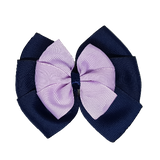 School uniform hair accessories Double Bella Bow 10cm - Navy Blue Base & Centre Ribbon Light Purple  - Pinkberry Kisses