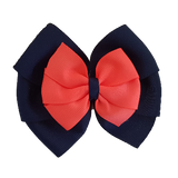 School uniform hair accessories Double Bella Bow 10cm - Navy Blue Base & Centre Ribbon Neno Orange- Pinkberry Kisses