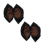 School Hair accessories Double Bella Bow 10cm Hair Clip Pair Non Slip Hair Bows Pinkberry Kisses Black Base & Centre Ribbon Brown