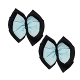 School Hair accessories Double Bella Bow 10cm Hair Clip Pair Non Slip Hair Bows Pinkberry Kisses Black Base & Centre Ribbon Light Blue