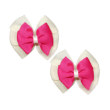 School uniform hair accessories Double Bella Hair Bow 10cm School Pair of Non Slip Hair Clip - Pinkberry Kisses Ivory Cream Base & Centre Ribbon Shocking Pink 