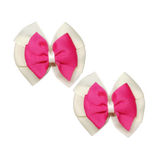 School uniform hair accessories Double Bella Hair Bow 10cm School Pair of Non Slip Hair Clip - Pinkberry Kisses Ivory Cream Base & Centre Ribbon Shocking Pink