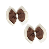 School uniform hair accessories Double Bella Hair Bow 10cm School Pair of Non Slip Hair Clip - Pinkberry Kisses Ivory Cream Base & Centre Ribbon Brown