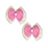 School uniform hair accessories Double Bella Hair Bow 10cm School Pair of Non Slip Hair Clip - Pinkberry Kisses Ivory Cream Base & Centre Ribbon Hot Pink 