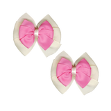 School uniform hair accessories Double Bella Hair Bow 10cm School Pair of Non Slip Hair Clip - Pinkberry Kisses Ivory Cream Base & Centre Ribbon Hot Pink