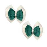 School uniform hair accessories Double Bella Hair Bow 10cm School Pair of Non Slip Hair Clip - Pinkberry Kisses Ivory Cream Base & Centre Ribbon Hunter Green