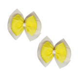 School uniform hair accessories Double Bella Hair Bow 10cm School Pair of Non Slip Hair Clip - Pinkberry Kisses Ivory Cream Base & Centre Ribbon Lemon yellow