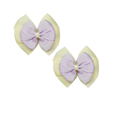 School uniform hair accessories Double Bella Hair Bow 10cm School Pair of Non Slip Hair Clip - Pinkberry Kisses Ivory Cream Base & Centre Ribbon Light Orchid