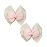 School uniform hair accessories Double Bella Hair Bow 10cm School Pair of Non Slip Hair Clip - Pinkberry Kisses Ivory Cream Base & Centre Ribbon Light Pink