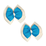 School uniform hair accessories Double Bella Hair Bow 10cm School Pair of Non Slip Hair Clip - Pinkberry Kisses Ivory Cream Base & Centre Ribbon Methyl Blue