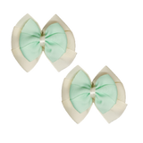 School uniform hair accessories Double Bella Hair Bow 10cm School Pair of Non Slip Hair Clip - Pinkberry Kisses Ivory Cream Base & Centre Ribbon Mint Green