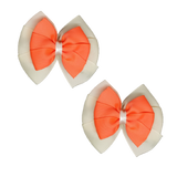 School uniform hair accessories Double Bella Hair Bow 10cm School Pair of Non Slip Hair Clip - Pinkberry Kisses Ivory Cream Base & Centre Ribbon Neon orange