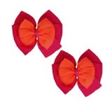 School uniform hair accessories Double Bella Bow 10cm School Non Slip Hair Clip - Pinkberry Kisses Pair of Hair Clips Shocking Pink Base & Centre Ribbon Neon Orange